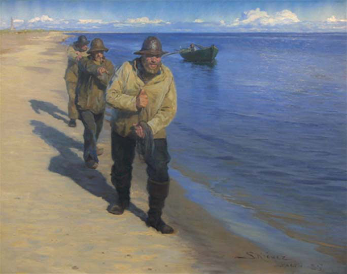 Three Fishermen Pulling a Boat